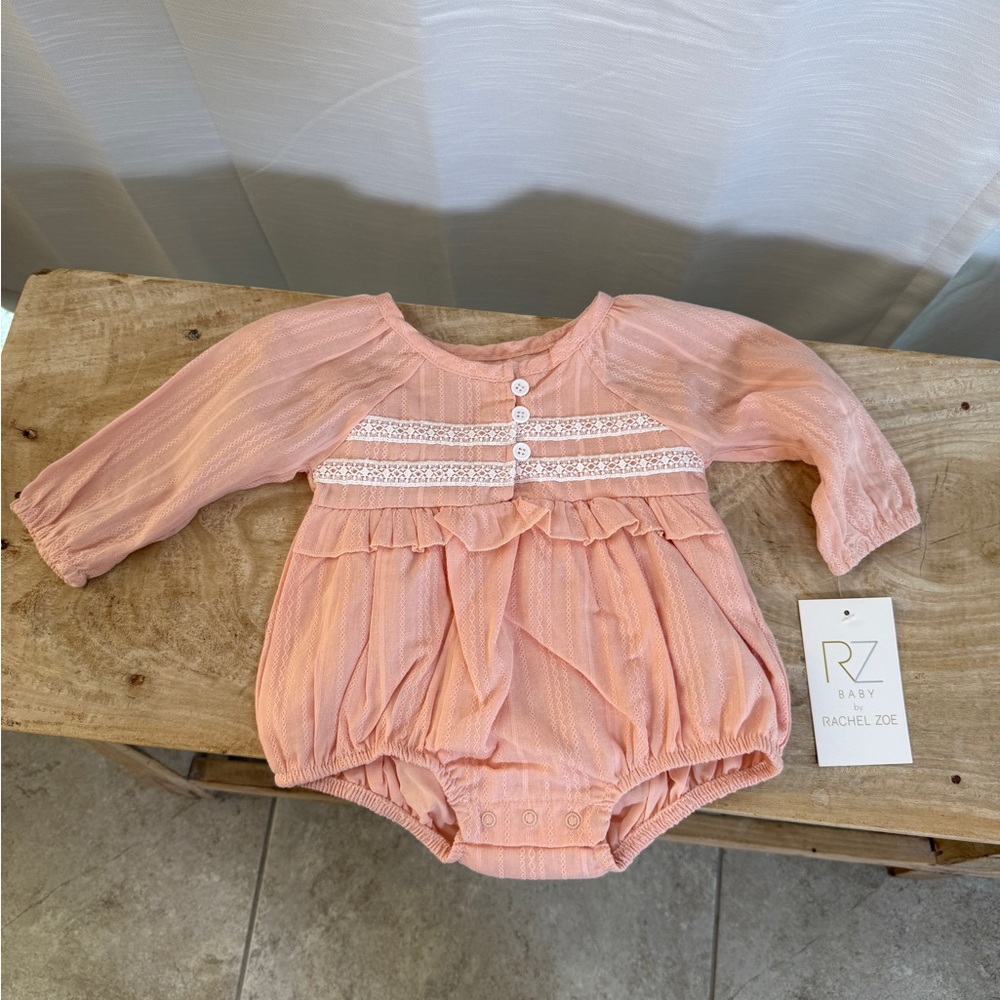 Rachel Zoe Baby Long Sleeve Lace Trim Romper Peach Textured One-Piece | NWT 0–3M